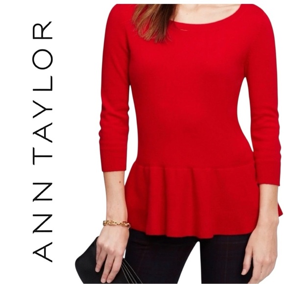 Ann Taylor Tops - Ann Taylor Perfect Red Peplum Top Knit Pullover Fitted Stretch 3/4 Sleeve Sz M